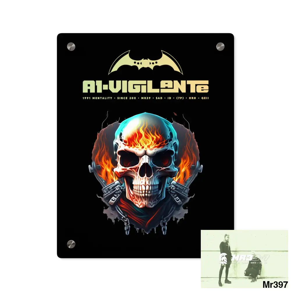A1-Vigilante Flame Biker Skull Graphic Acrylic Wall Art Panels 11″ x 14″ (Vertical) / 0.25’’ Home Decor