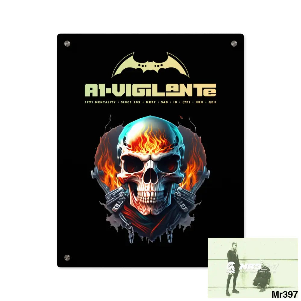A1-Vigilante Flame Biker Skull Graphic Acrylic Wall Art Panels 16″ x 20″ (Vertical) / 0.25’’ Home Decor