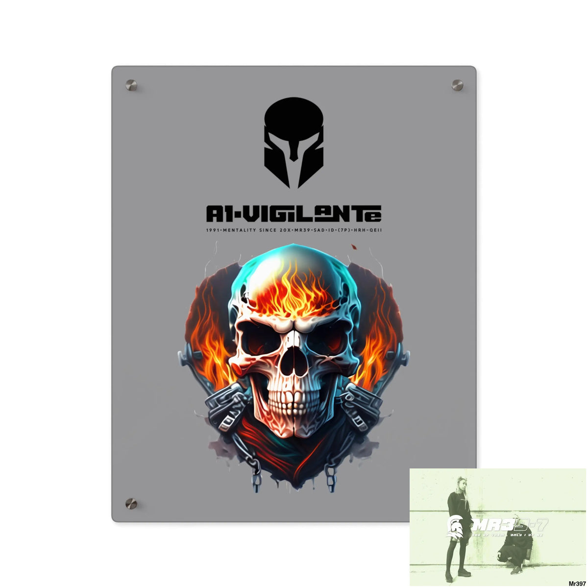 A1-Vigilante Flame Biker Skull Graphic Acrylic Wall Art Panels 16″ x 20″ (Vertical) / 0.25’’ Home Decor