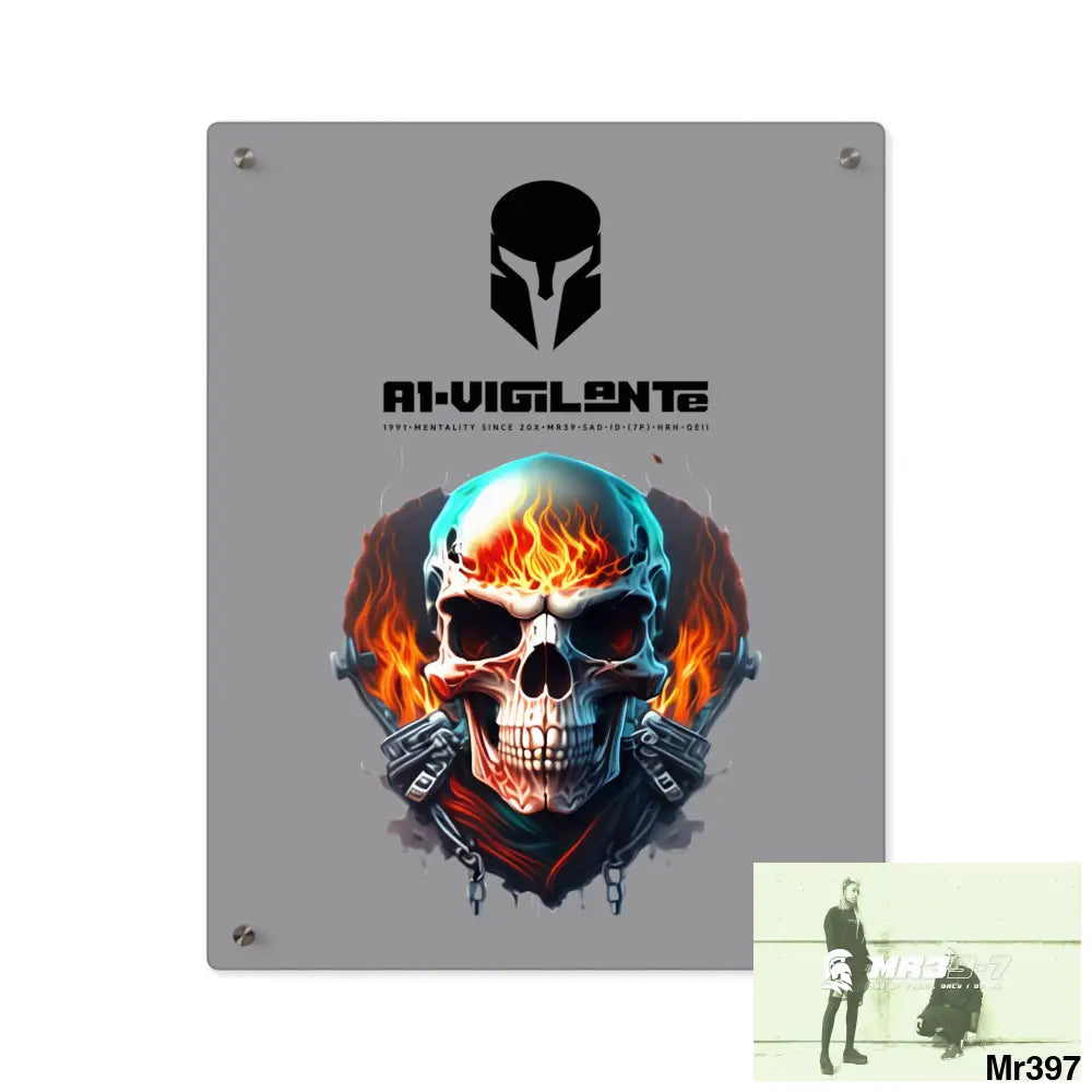 A1-Vigilante Flame Biker Skull Graphic Acrylic Wall Art Panels 16″ x 20″ (Vertical) / 0.25’’ Home Decor