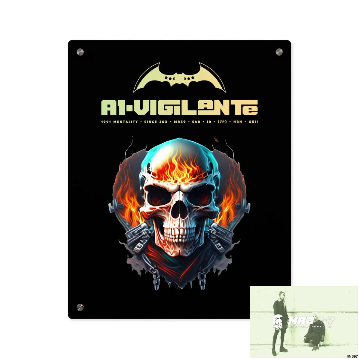 A1-Vigilante Flame Biker Skull Graphic Acrylic Wall Art Panels 16″ x 20″ (Vertical) / 0.25’’ Home Decor