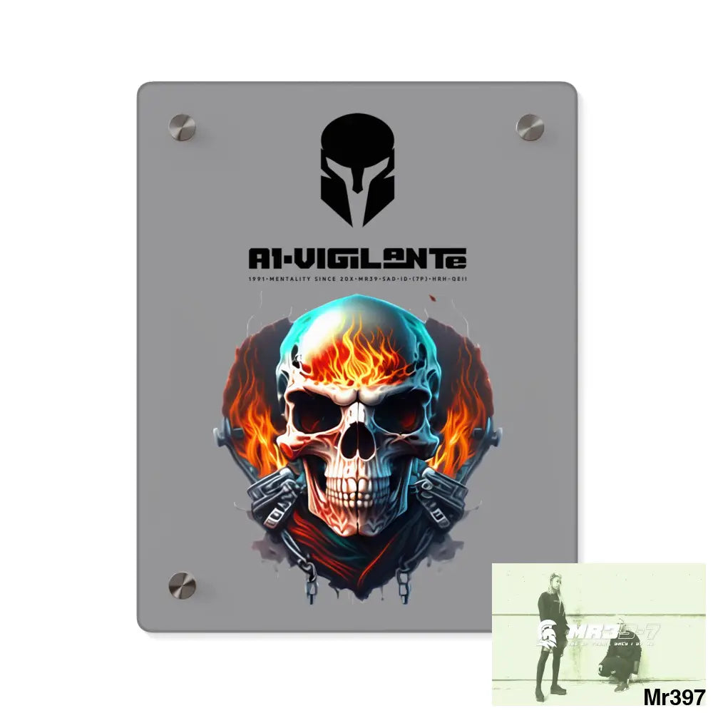 A1-Vigilante Flame Biker Skull Graphic Acrylic Wall Art Panels 8″ x 10″ (Vertical) / 0.25’’ Home Decor