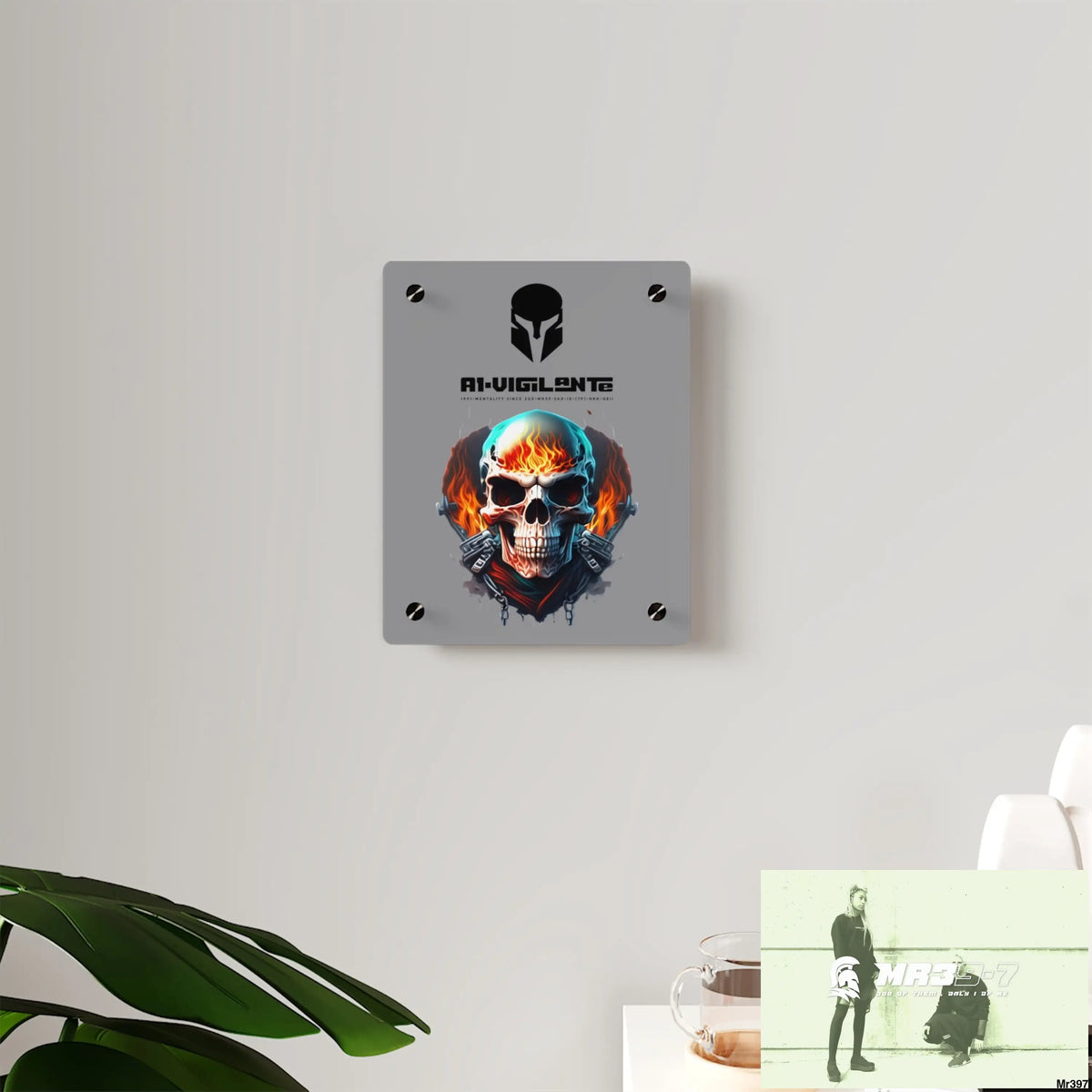 A1-Vigilante Flame Biker Skull Graphic Acrylic Wall Art Panels Home Decor