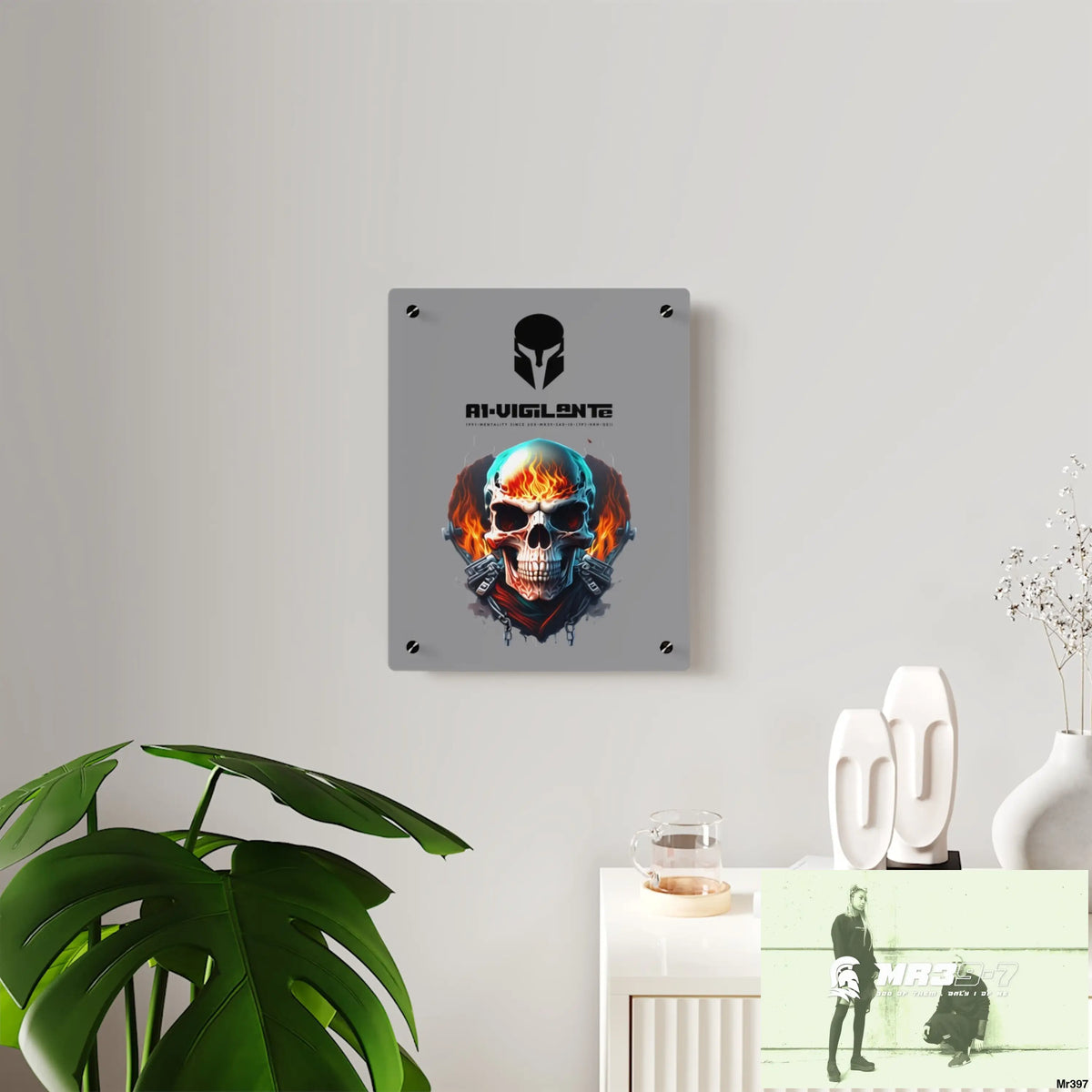 A1-Vigilante Flame Biker Skull Graphic Acrylic Wall Art Panels Home Decor