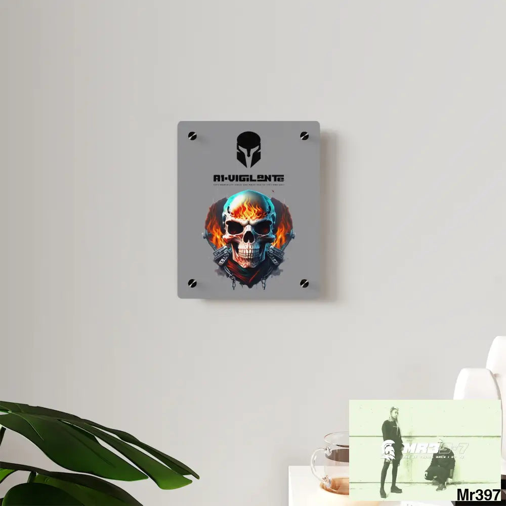 A1-Vigilante Flame Biker Skull Graphic Acrylic Wall Art Panels Home Decor