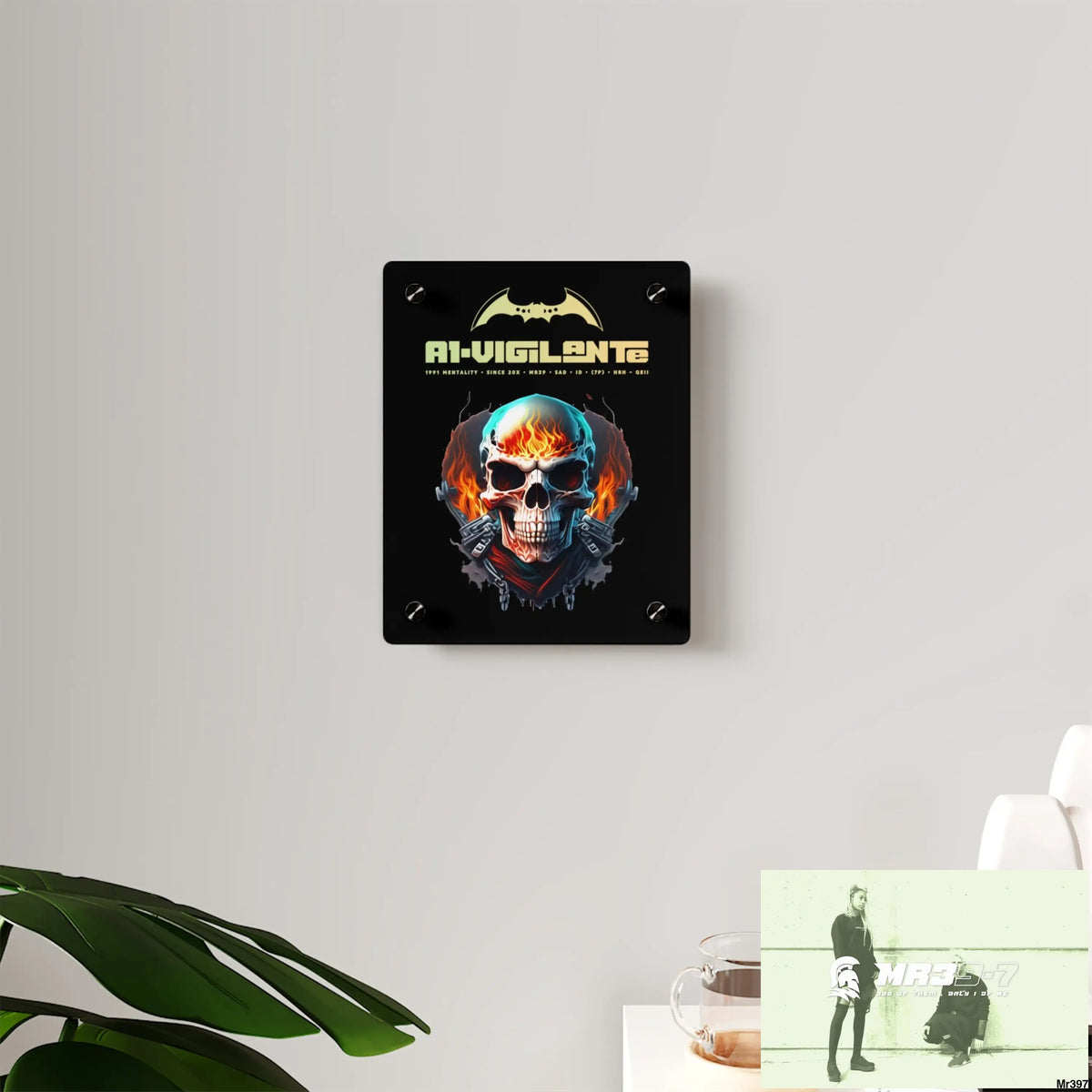 A1-Vigilante Flame Biker Skull Graphic Acrylic Wall Art Panels Home Decor