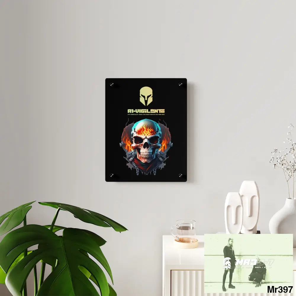 A1-Vigilante Flame Biker Skull Graphic Acrylic Wall Art Panels Home Decor