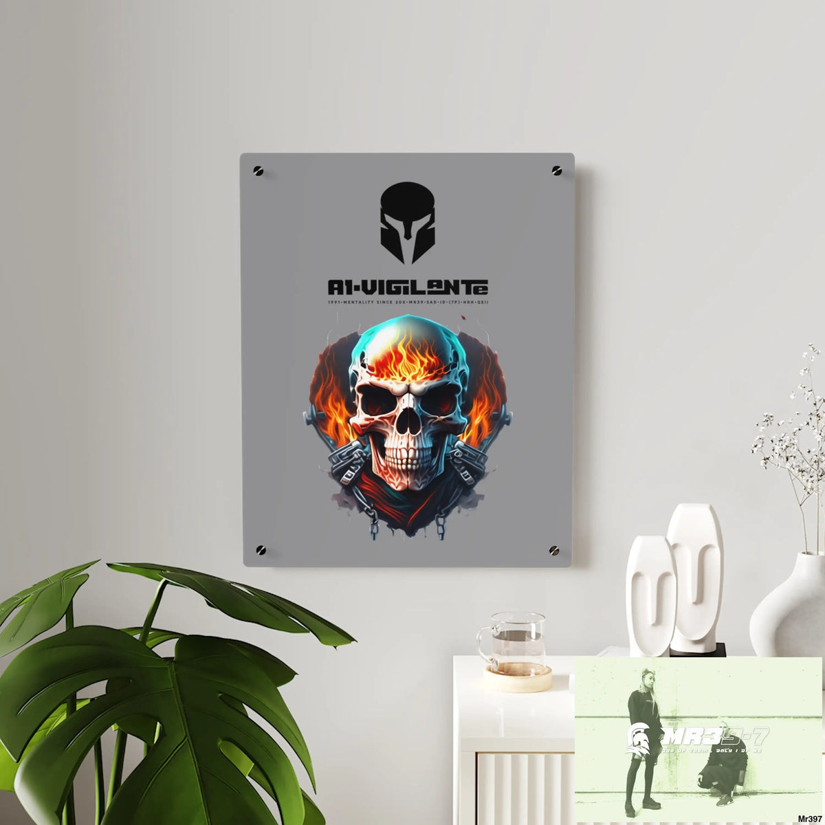 A1-Vigilante Flame Biker Skull Graphic Acrylic Wall Art Panels Home Decor