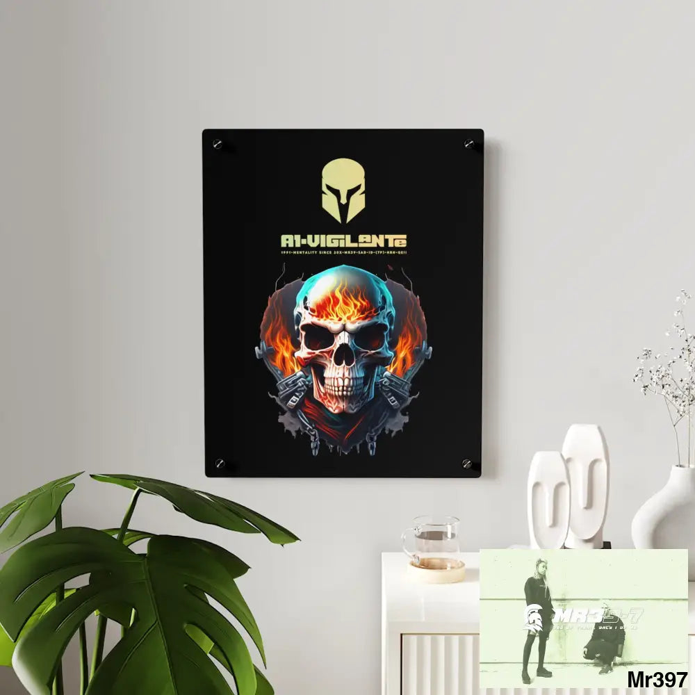 A1-Vigilante Flame Biker Skull Graphic Acrylic Wall Art Panels Home Decor