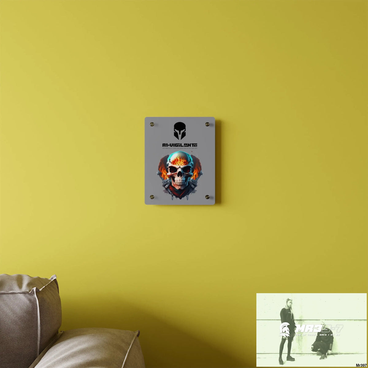 A1-Vigilante Flame Biker Skull Graphic Acrylic Wall Art Panels Home Decor