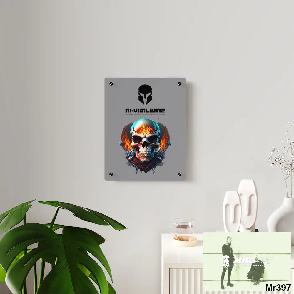 A1-Vigilante Flame Biker Skull Graphic Acrylic Wall Art Panels Home Decor