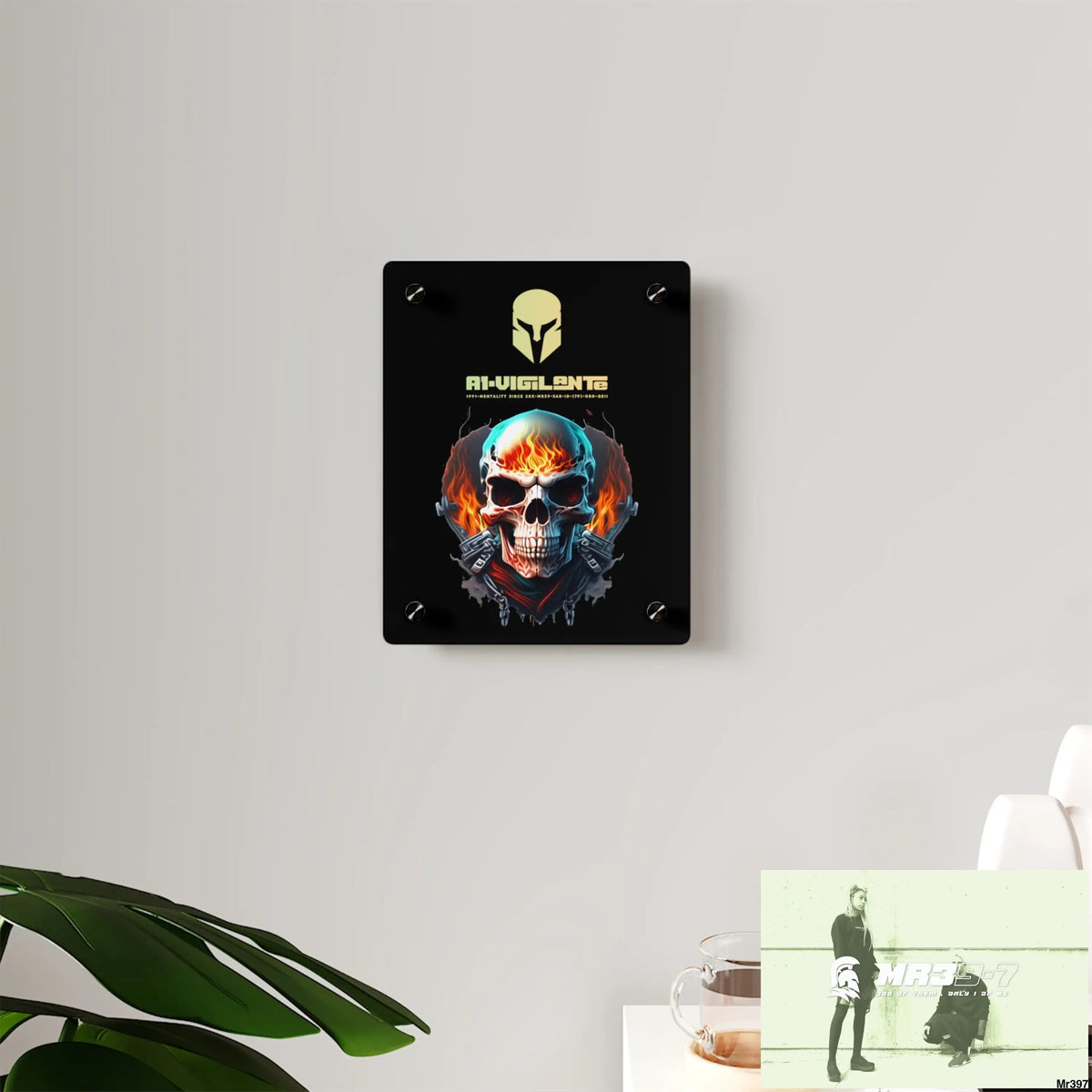 A1-Vigilante Flame Biker Skull Graphic Acrylic Wall Art Panels Home Decor