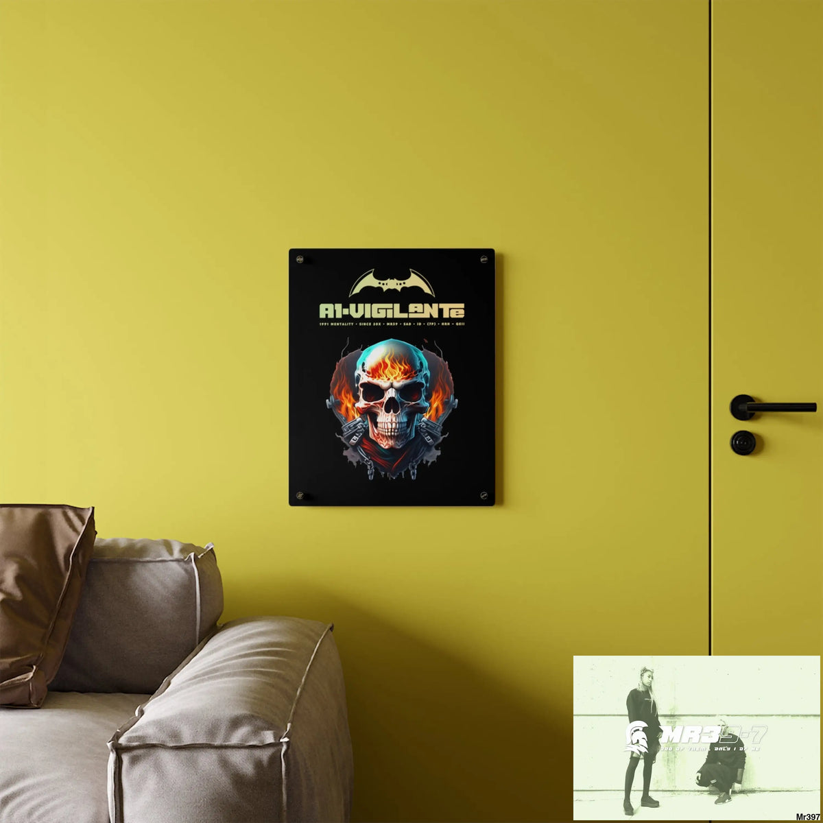 A1-Vigilante Flame Biker Skull Graphic Acrylic Wall Art Panels Home Decor