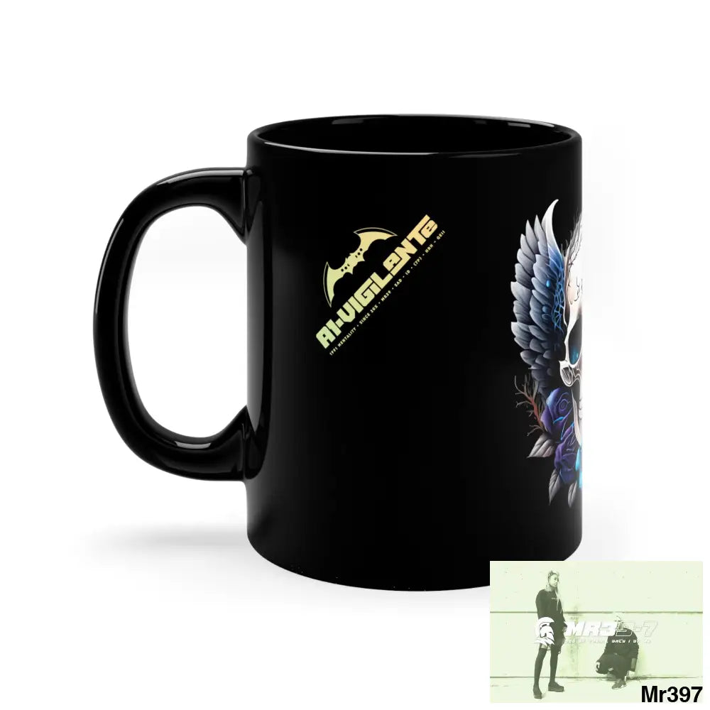 A1-Vigilante GBR Gothic Skull with Black Wings and Blue Roses 11oz Black Mug 11oz Mug