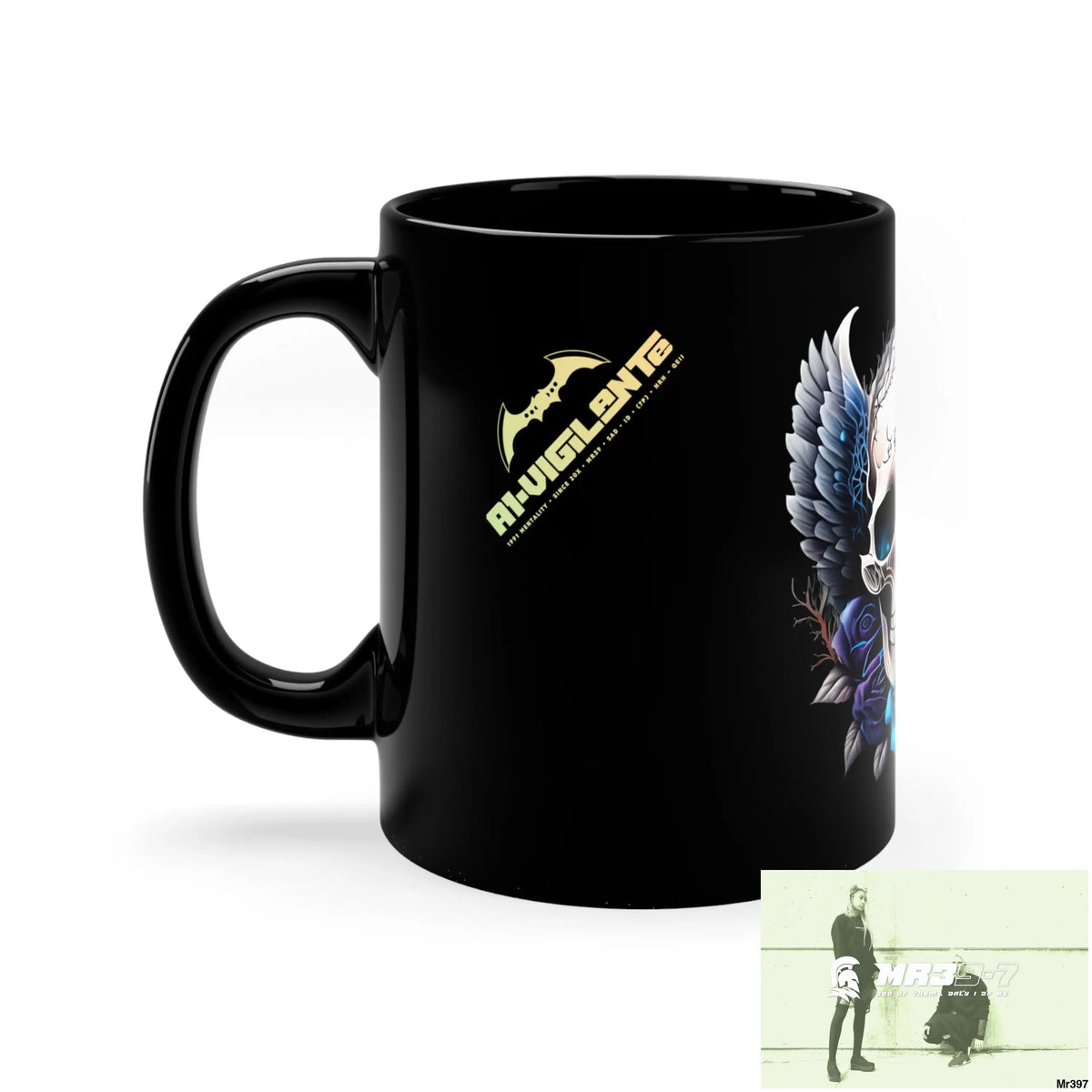 A1-Vigilante GBR Gothic Skull with Black Wings and Blue Roses 11oz Black Mug 11oz Mug