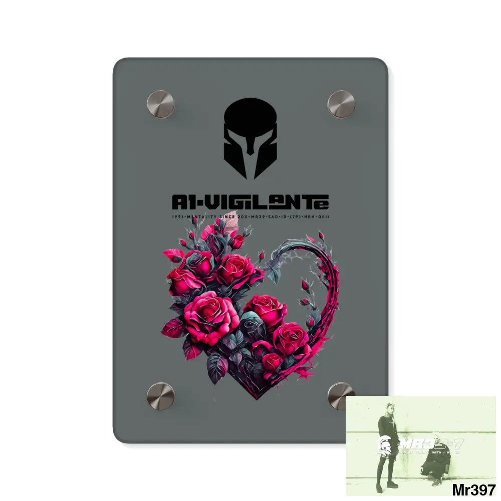 A1-Vigilante Heart made of Pink Roses on Black Background Acrylic Art Wall Panels 5’’ x 7’’ (Vertical) / 0.25’’ Home