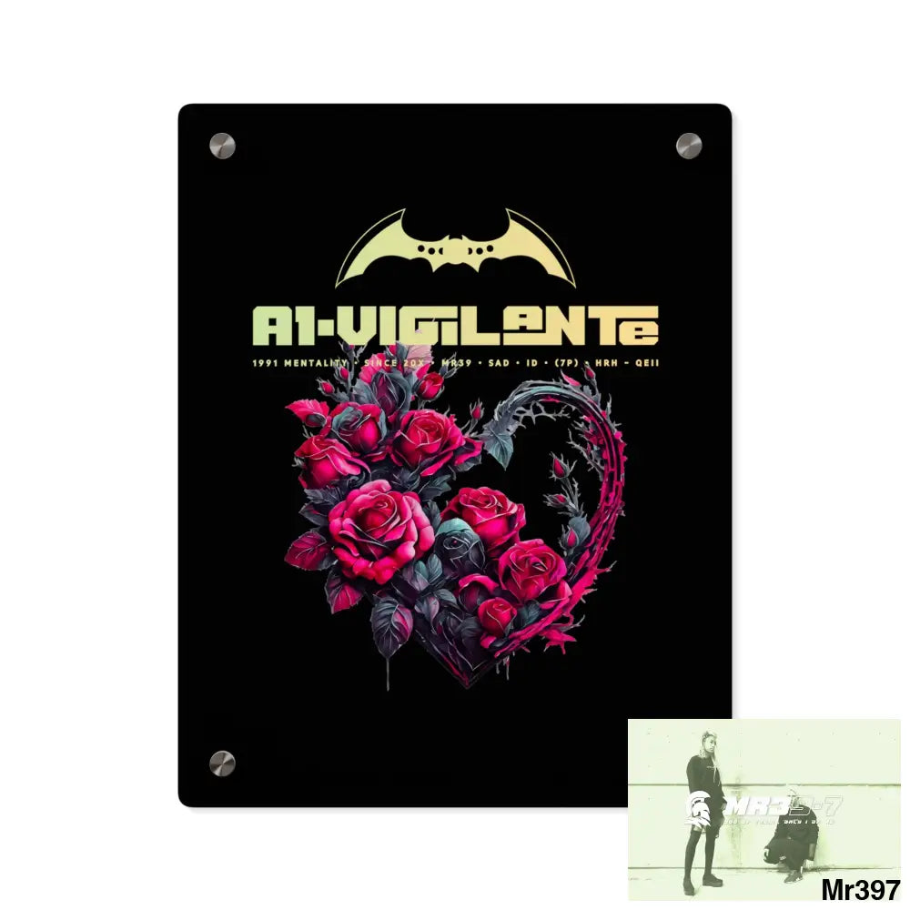 A1-Vigilante Heart made of Pink Roses on Black Background Acrylic Wall Art Panels 11″ x 14″ (Vertical) / 0.25’’ Home