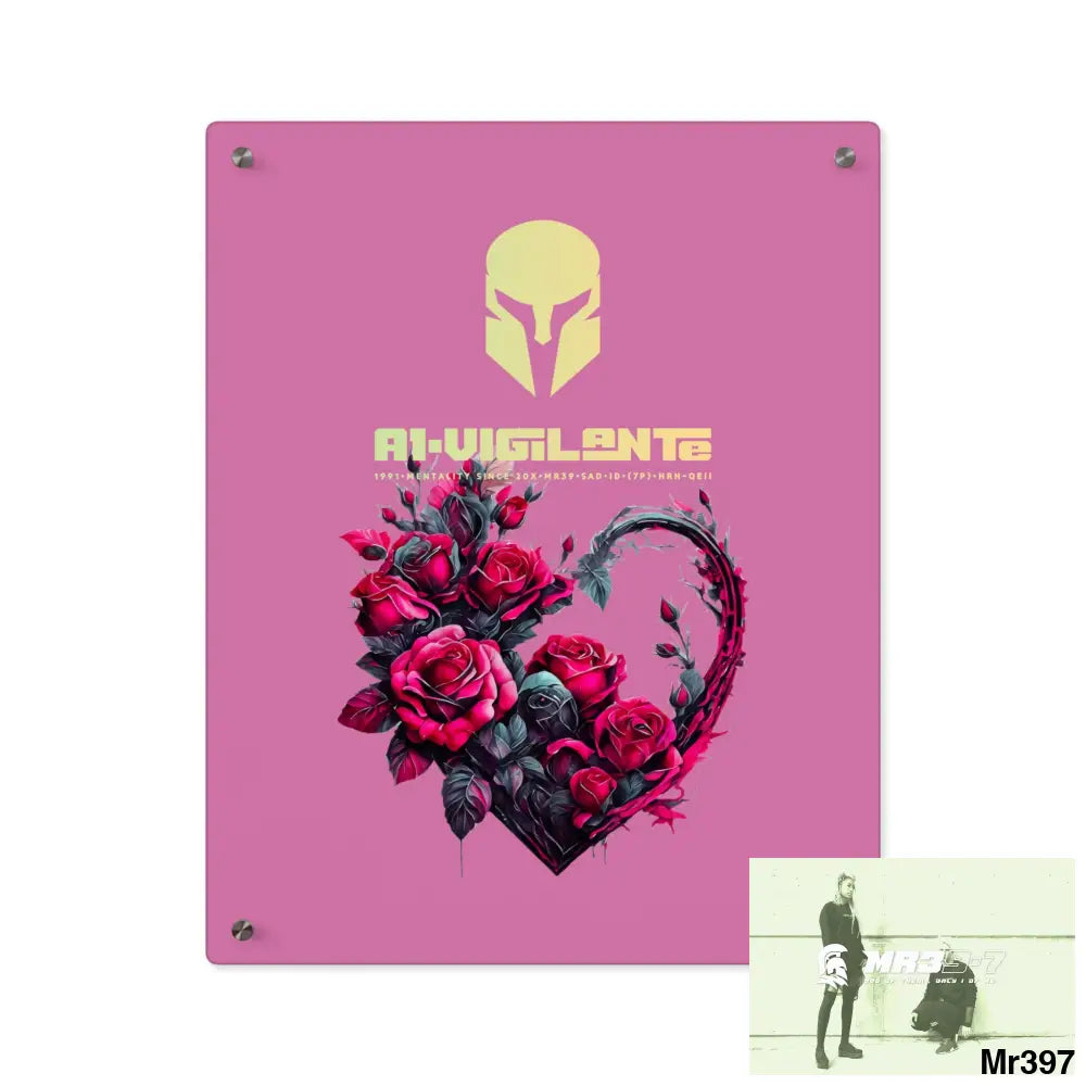 A1-Vigilante Heart made of Pink Roses on Black Background Acrylic Wall Art Panels 16″ x 20″ (Vertical) / 0.25’’ Home