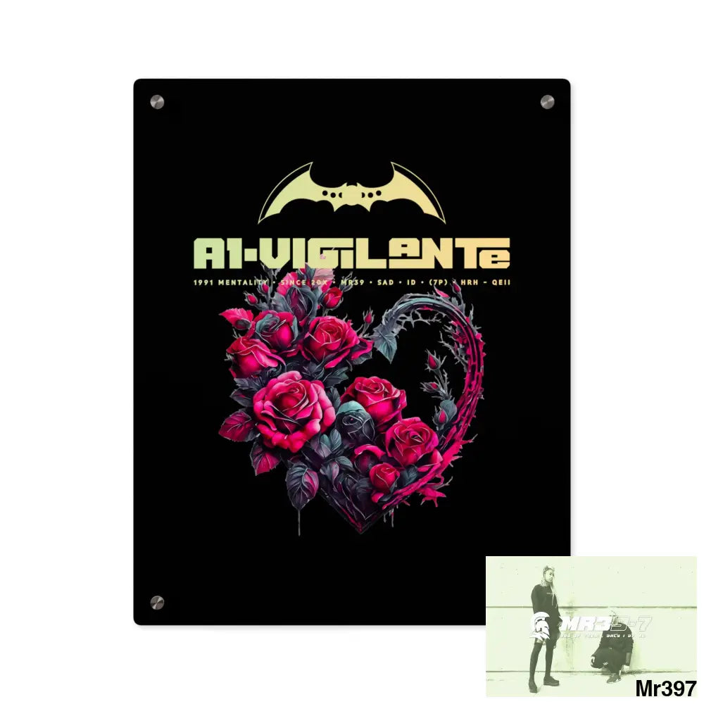 A1-Vigilante Heart made of Pink Roses on Black Background Acrylic Wall Art Panels 16″ x 20″ (Vertical) / 0.25’’ Home