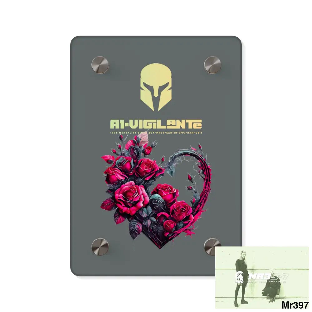 A1-Vigilante Heart made of Pink Roses on Black Background Acrylic Wall Art Panels 5’’ x 7’’ (Vertical) / 0.25’’ Home