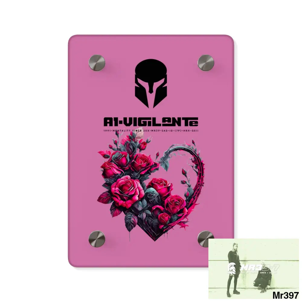 A1-Vigilante Heart made of Pink Roses on Black Background Acrylic Wall Art Panels 5’’ x 7’’ (Vertical) / 0.25’’ Home