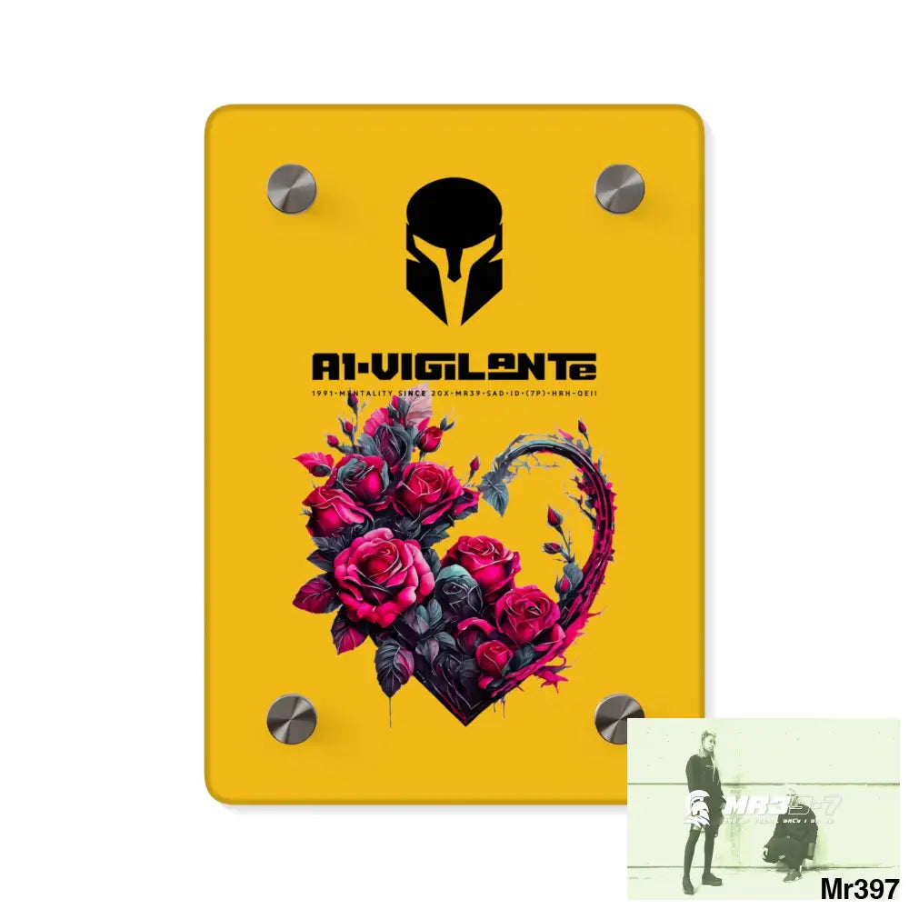 A1-Vigilante Heart made of Pink Roses on Black Background Acrylic Wall Art Panels 5’’ x 7’’ (Vertical) / 0.25’’ Home