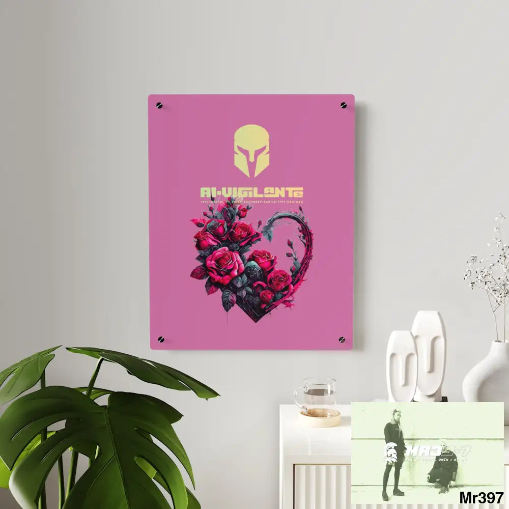 A1-Vigilante Heart made of Pink Roses on Black Background Acrylic Wall Art Panels Home Decor