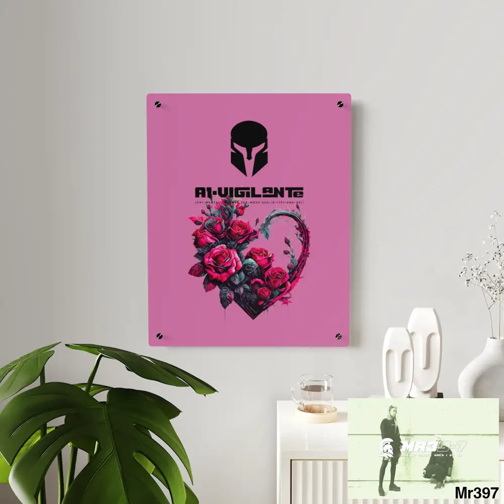 A1-Vigilante Heart made of Pink Roses on Black Background Acrylic Wall Art Panels Home Decor