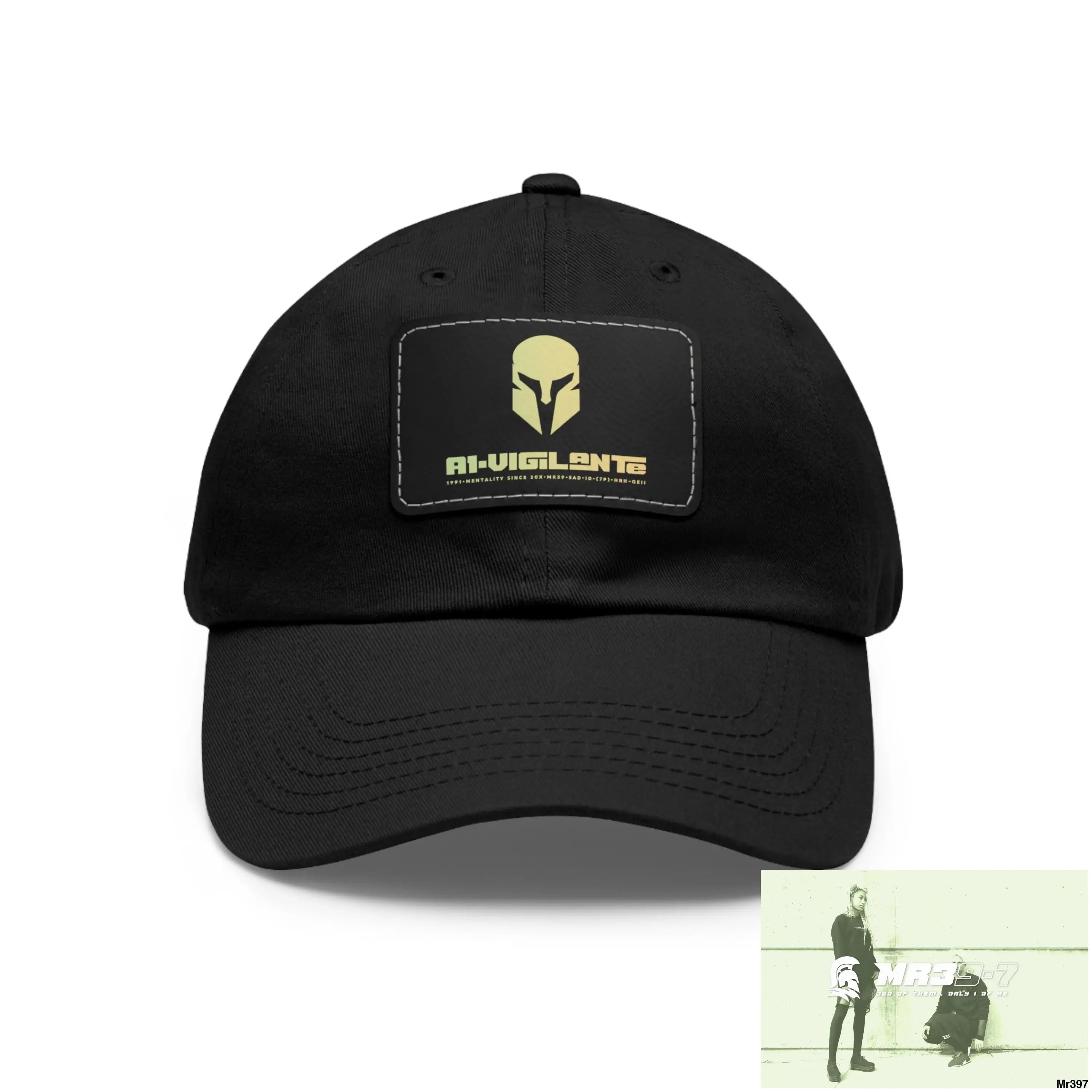 A1•Vigilante Sparta Dad Hat with Leather Patch (Rectangle) Black / Black patch / Rectangle / One size Hats