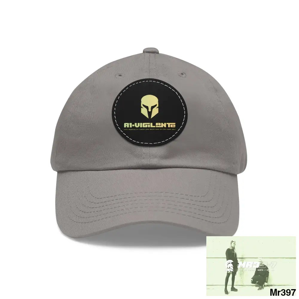 A1. Vigilante Sparta Dad Hat with Leather Patch (Round) Grey / Black patch / Circle / One size Hats