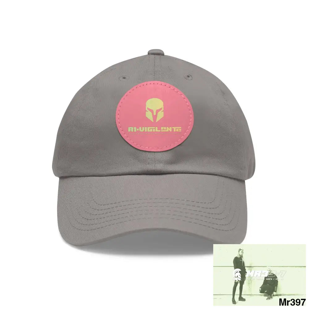 A1. Vigilante Sparta Dad Hat with Leather Patch (Round) Grey / Pink patch / Circle / One size Hats