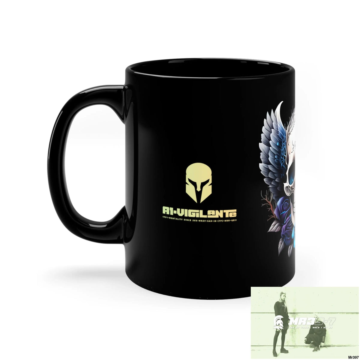 A1-Vigilante Sparta GBR Gothic Skull with Black Wings and Blue Roses 11oz Black Mug 11oz Mug