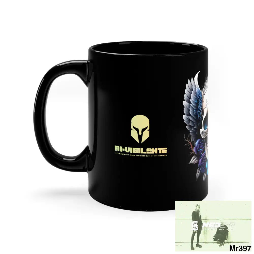 A1-Vigilante Sparta GBR Gothic Skull with Black Wings and Blue Roses 11oz Black Mug 11oz Mug
