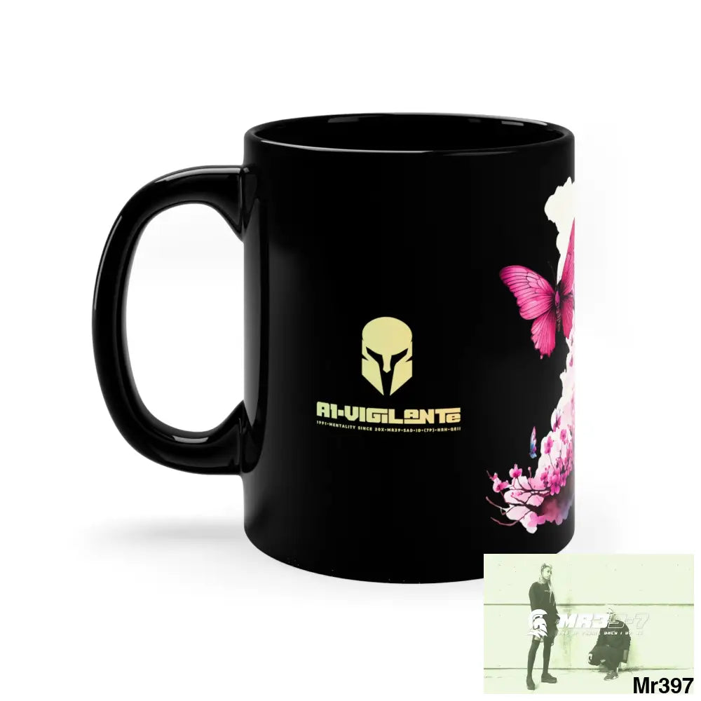 A1-Vigilante Sparta GBR Pink Butterfly on Ornamental Cherry tree Branch 11oz Black Mug 11oz Mug