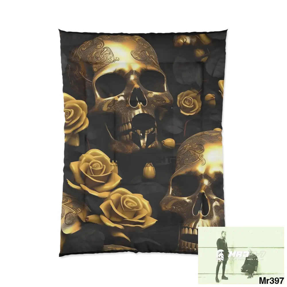 A1-Vigilante Sparta Gold Skulls & Roses Comforter 68’’ × 92’’ Home Decor
