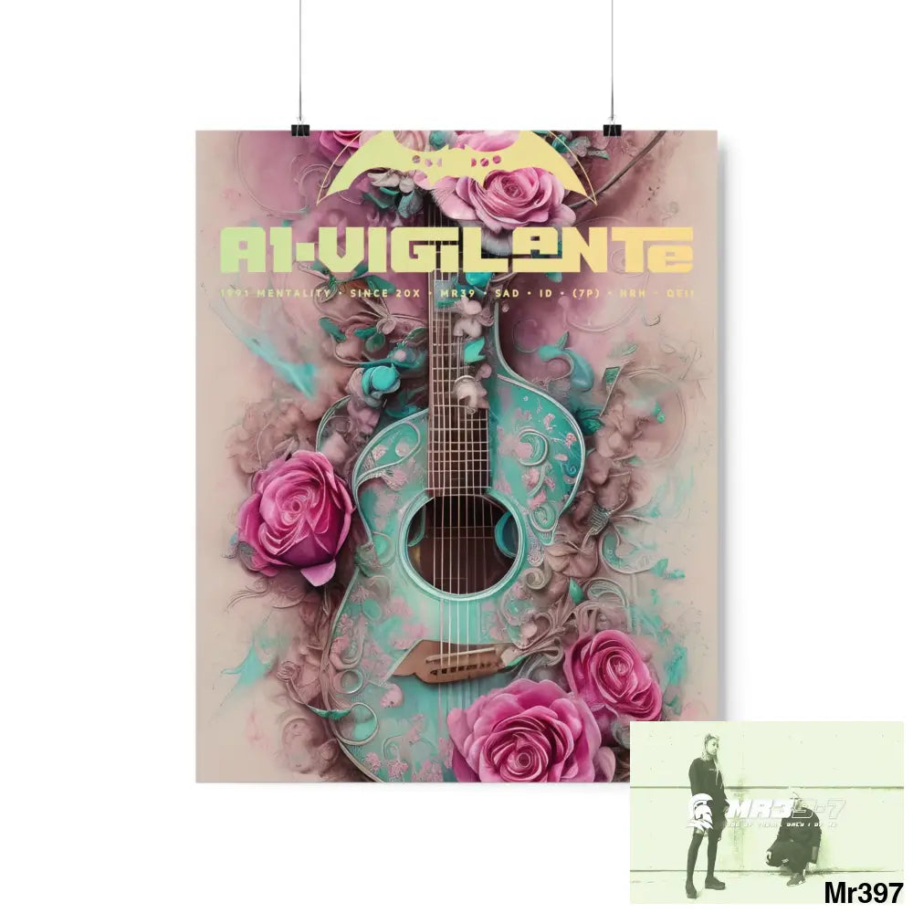 A1 Vigilante with pink roses and guitar Matte Vertical Posters 16″ x 20″ / Matte Poster