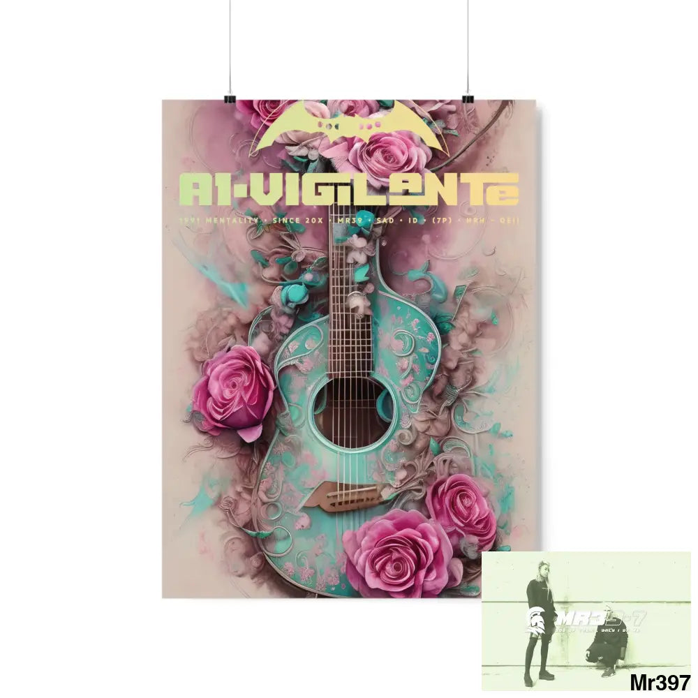 A1 Vigilante with pink roses and guitar Matte Vertical Posters 18″ x 24″ / Matte Poster