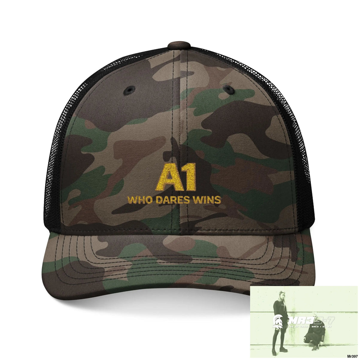 A1 Who Dares Wins Camouflage Trucker Hat with Embroidery | Military Style Cap Outdoor Adventure Gear Hunting