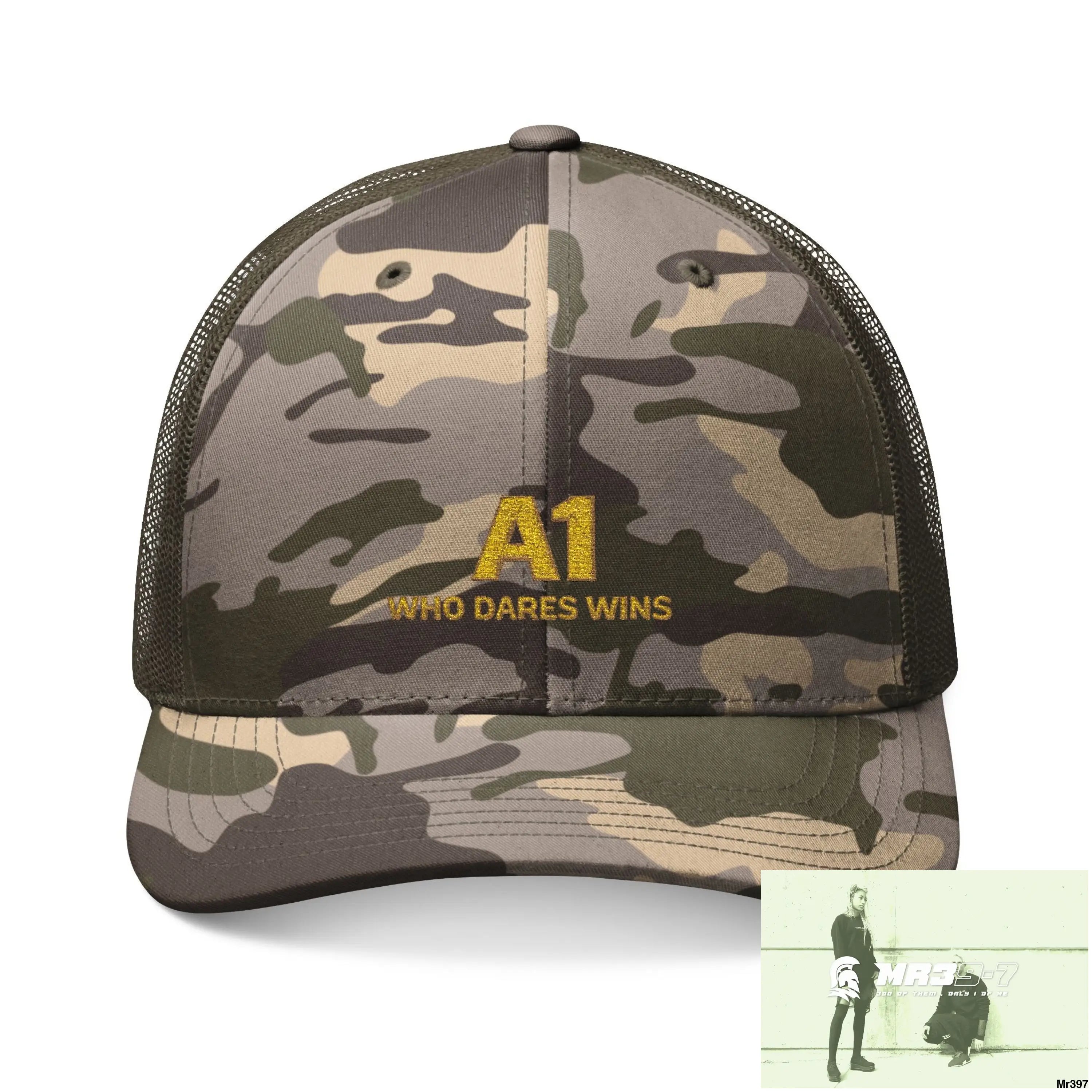 A1 Who Dares Wins Camouflage Trucker Hat with Embroidery | Military Style Cap Outdoor Adventure Gear Hunting