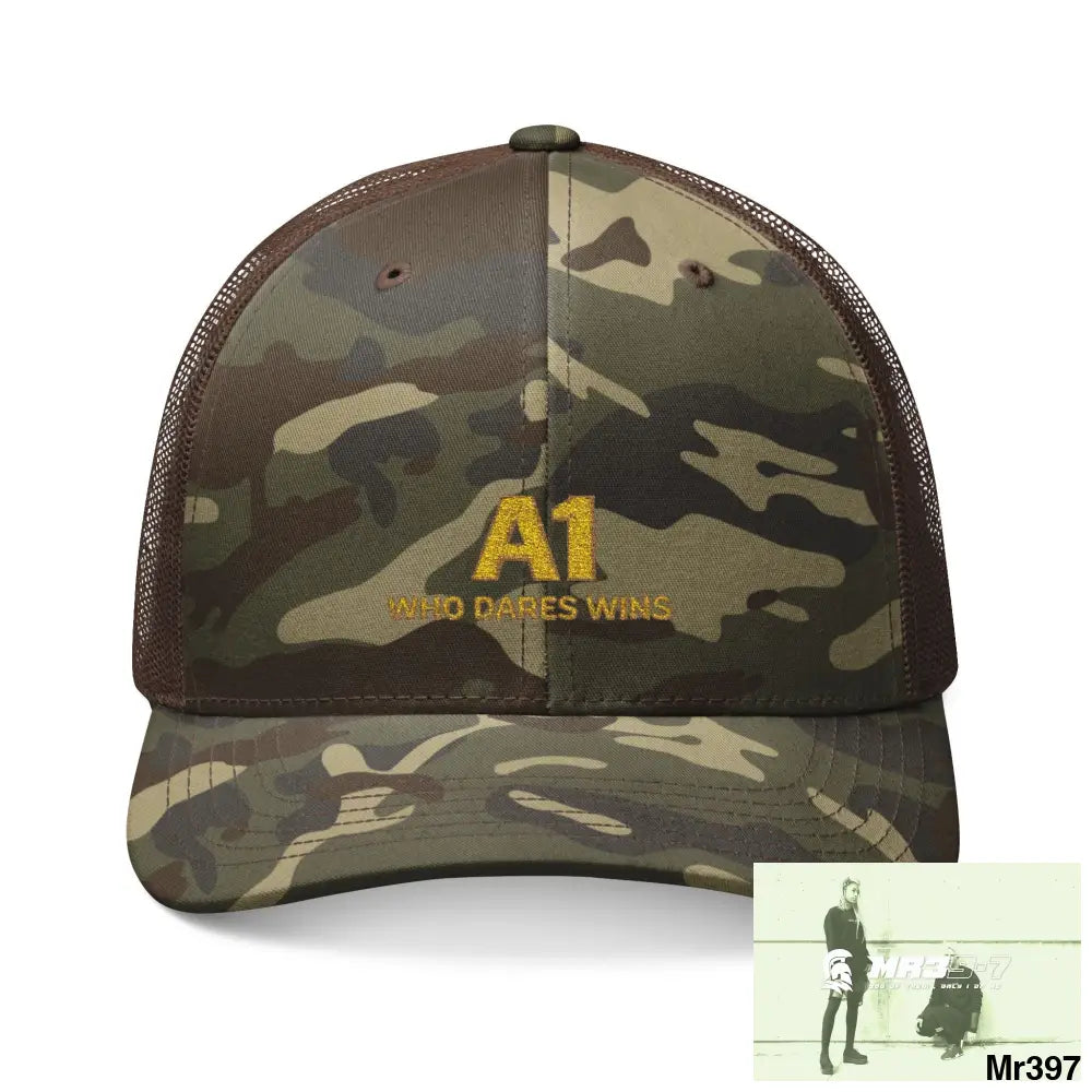 A1 Who Dares Wins Camouflage Trucker Hat with Embroidery | Military Style Cap Outdoor Adventure Gear Hunting