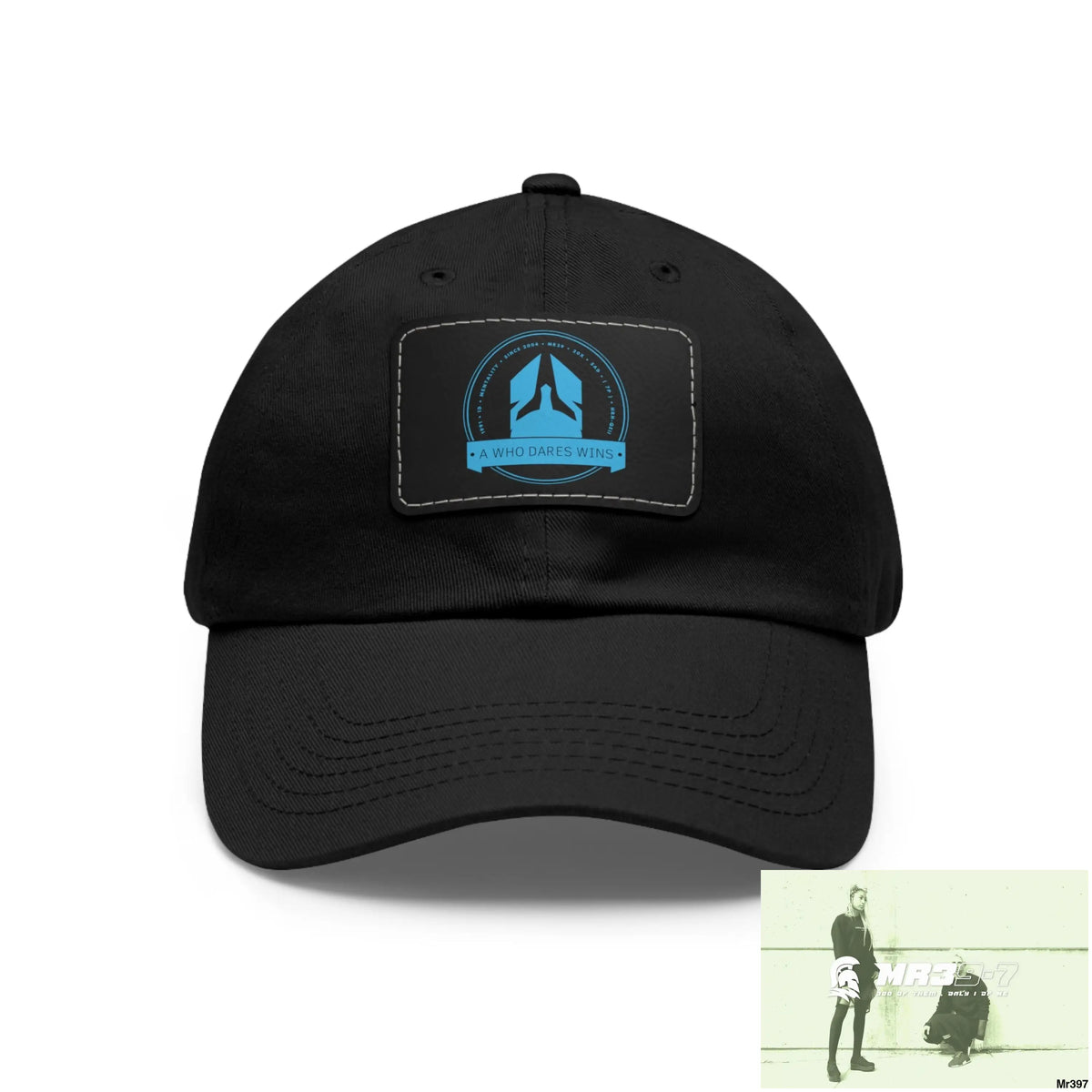 A1 Who Dares Wins Dad Hat with Leather Patch (Rectangle) Black / Black patch / Rectangle / One size Hats