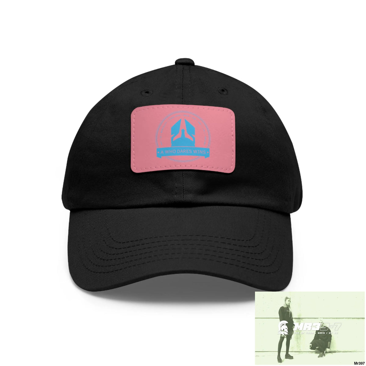 A1 Who Dares Wins Dad Hat with Leather Patch (Rectangle) Black / Pink patch / Rectangle / One size Hats