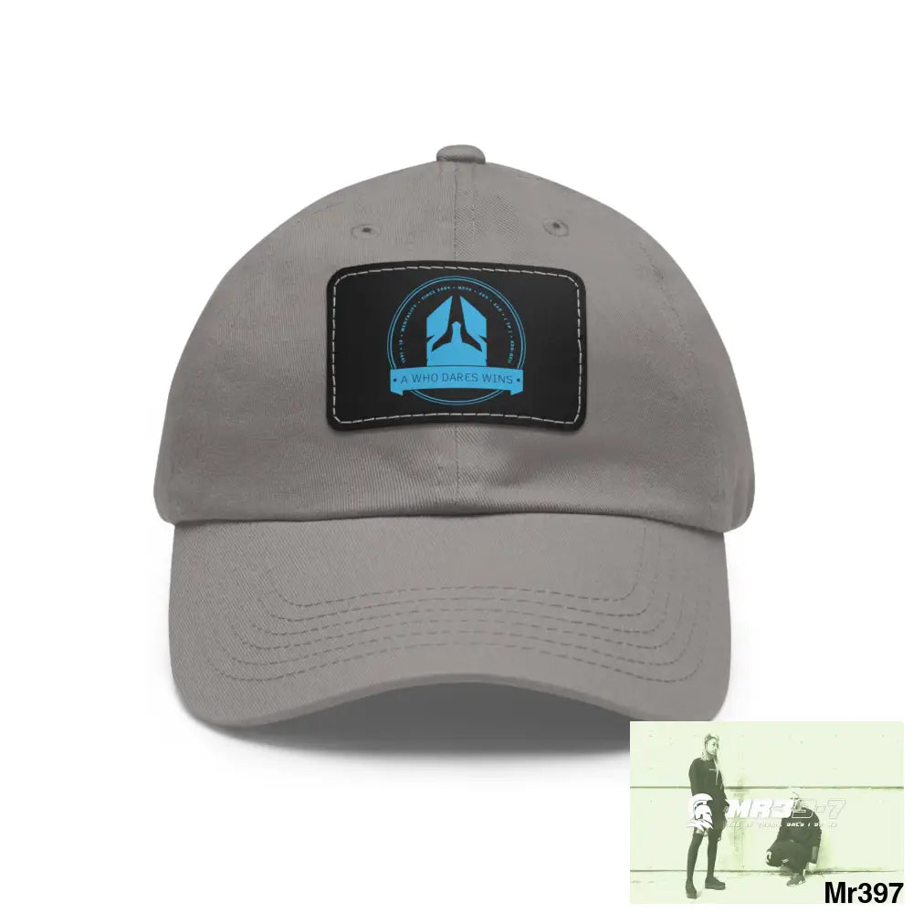 A1 Who Dares Wins Dad Hat with Leather Patch (Rectangle) Grey / Black patch / Rectangle / One size Hats