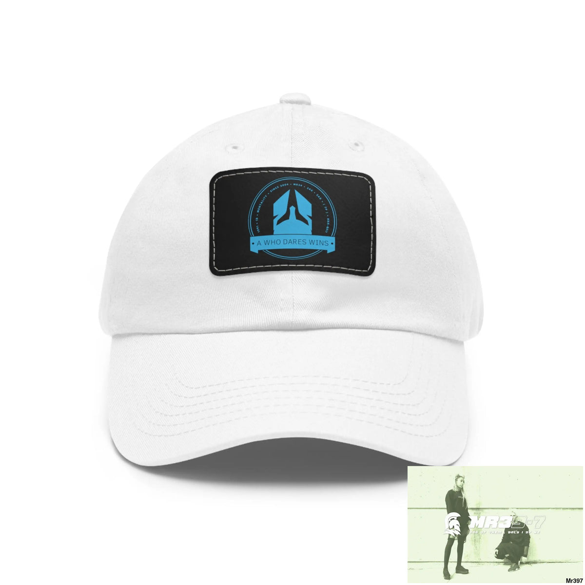 A1 Who Dares Wins Dad Hat with Leather Patch (Rectangle) White / Black patch / Rectangle / One size Hats