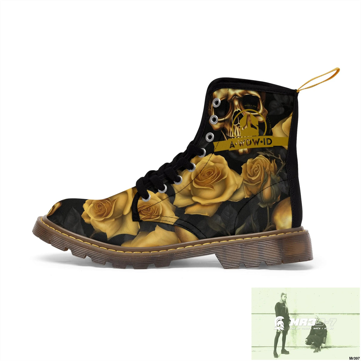 A1 Who Dares Wins ID No 2 Gothic Skulls and Gold Roses Canvas Boots AOP Shoes