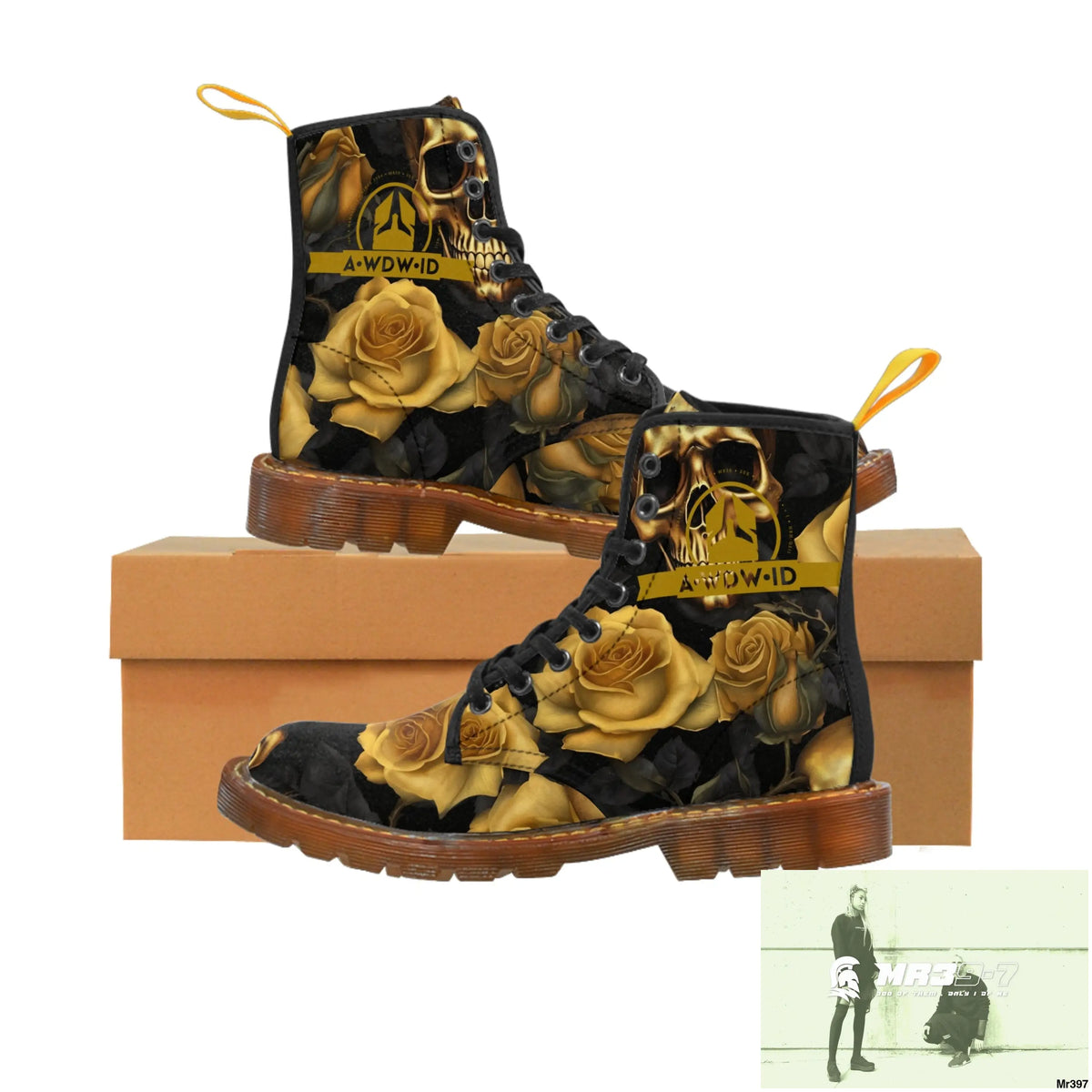 A1 Who Dares Wins ID No 2 Gothic Skulls and Gold Roses Canvas Boots AOP Shoes