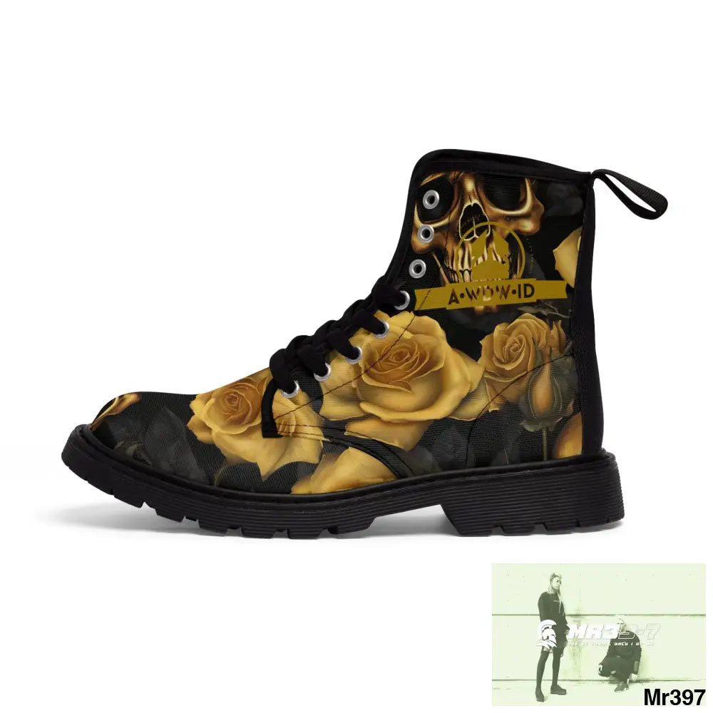 A1 Who Dares Wins ID No 2 Gothic Skulls and Gold Roses Canvas Boots AOP Shoes