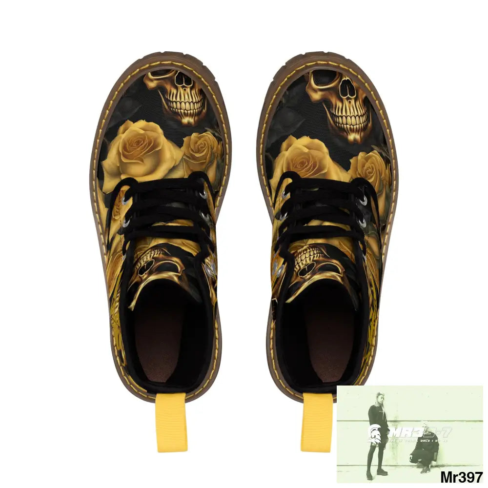 A1 Who Dares Wins ID No 2 Gothic Skulls and Gold Roses Canvas Boots AOP Shoes