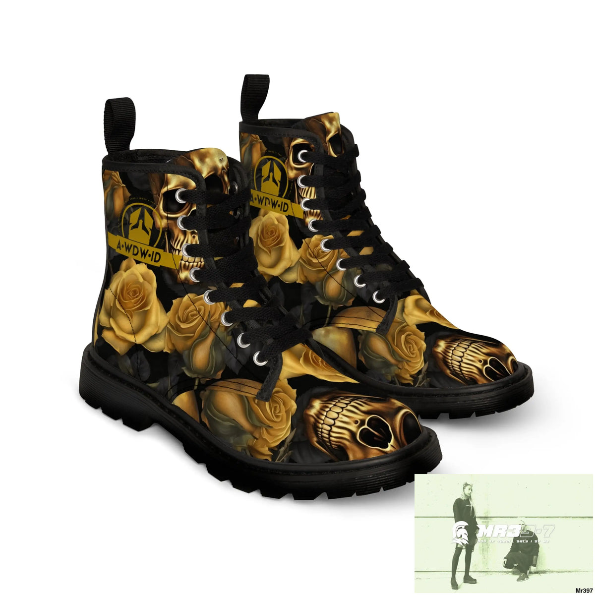 A1 Who Dares Wins ID No 2 Gothic Skulls and Gold Roses Canvas Boots AOP Shoes