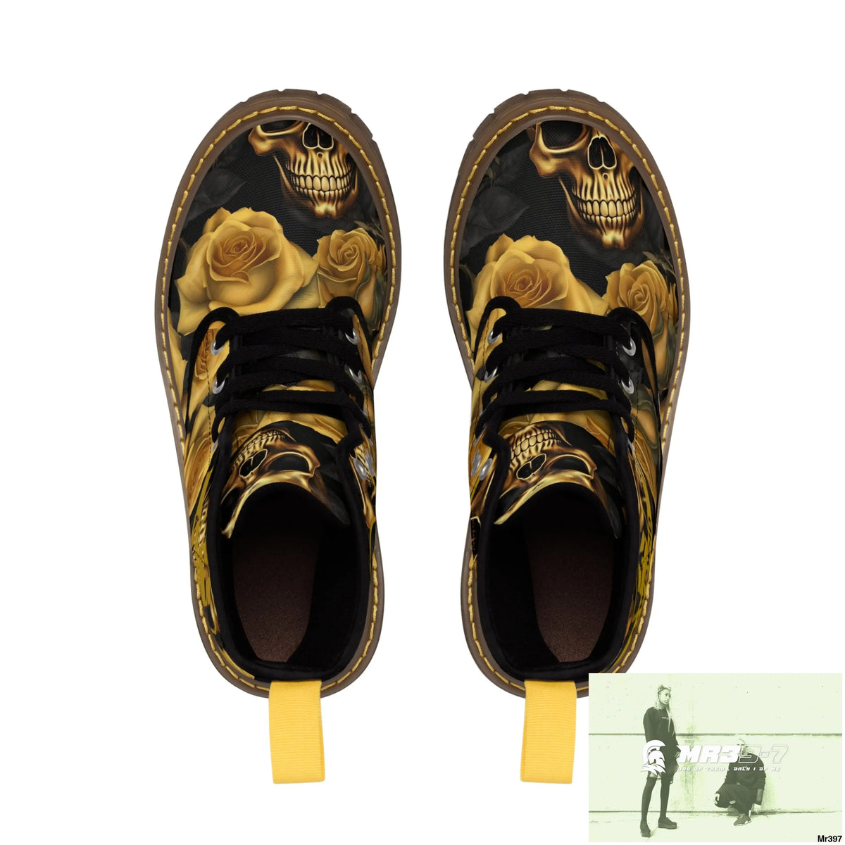 A1 Who Dares Wins ID No 2 Gothic Skulls and Gold Roses Canvas Boots AOP Shoes